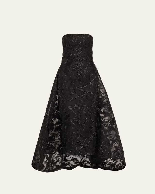 Embroidered Flower Strapless Column Gown With Train